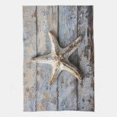 Rustikaler Starfish auf gewittertem Holz Geschirrtuch (Vertikal)
