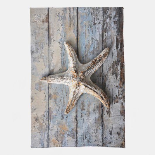 Rustikaler Starfish auf gewittertem Holz Geschirrtuch (Vertikal)