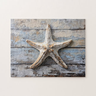 Rustikaler Starfish auf gewittertem Holz Puzzle