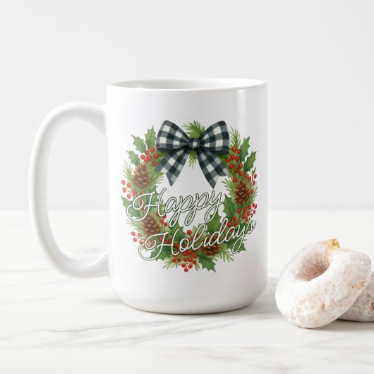Rustikaler Stechpalmenkranz mit weiß-schwarzem Kar Kaffeetasse (Mit Donut)