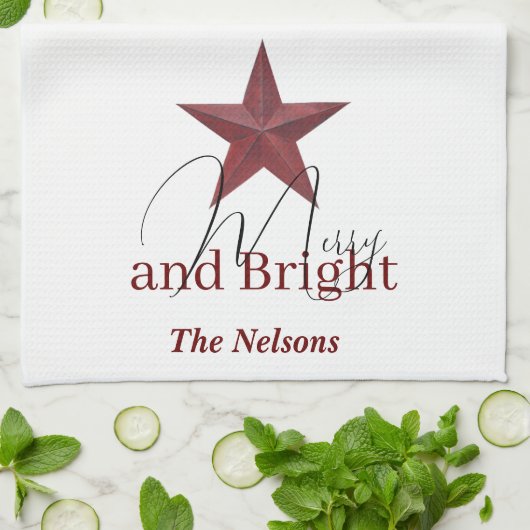Rustikaler Stern Merry & Bright personalisiert Geschirrtuch (Gefaltet)