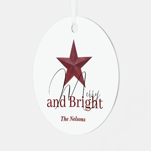Rustikaler Stern Merry & Bright personalisiert Ornament Aus Metall (Vorderseite links)