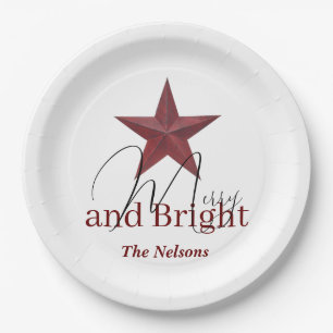 Rustikaler Stern Merry & Bright personalisiert Pappteller