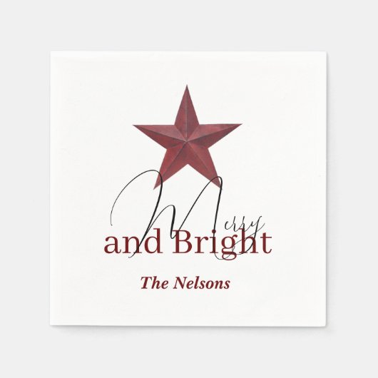 Rustikaler Stern Merry & Bright personalisiert Serviette (Vorderseite)