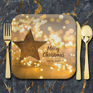 Rustikaler Stern und Weihnachtslichter Pappteller