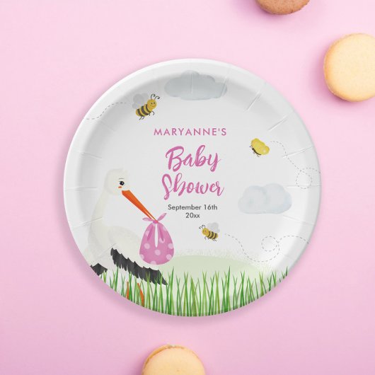 Rustikaler Storch mit Baby-Dusche für Bienen & But Pappteller