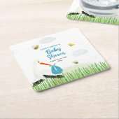 Rustikaler Storch mit Baby-Dusche für Bienen und S Rechteckiger Pappuntersetzer (angewinkelt)