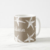 Rustikaler Strand Weißer Starfish & Imitate Burlap Kaffeetasse (VorderseiteRechts)
