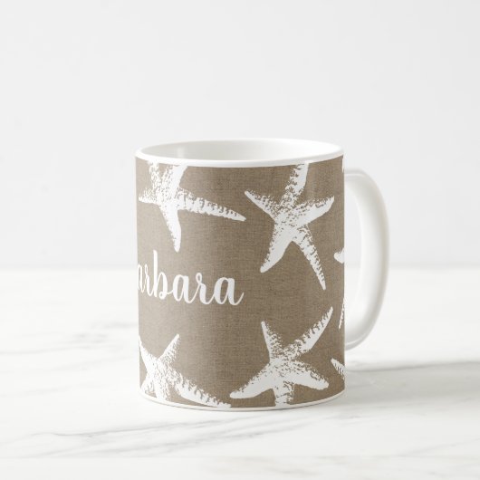 Rustikaler Strand Weißer Starfish & Imitate Burlap Kaffeetasse (VorderseiteRechts)