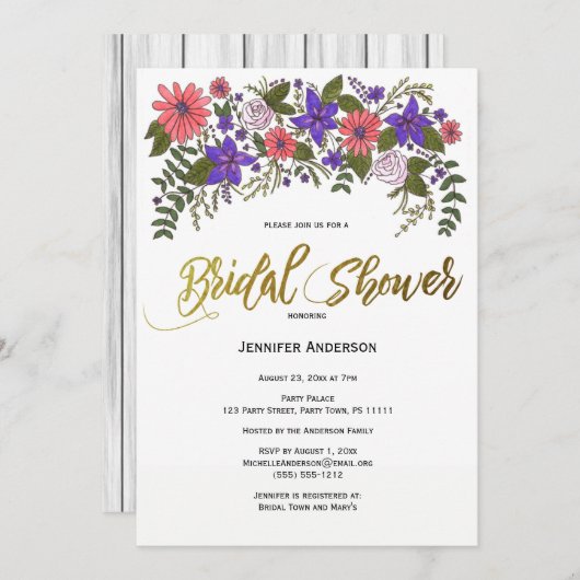 Rustikaler Strand Wood Floral Brautparty Einladung (Vorne/Hinten)