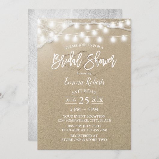 Rustikaler Strand Zwei Herzen Elegantes Brautparty Einladung (Vorne/Hinten)