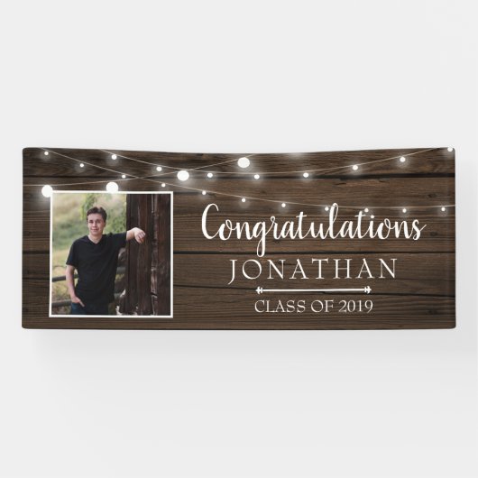 Rustikaler String Lights Barn Wood Abschluss Banner (Horizontal)