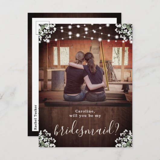 Rustikaler String Lights Floral Bridesmaid Vorschl Postkarte (Vorne/Hinten)