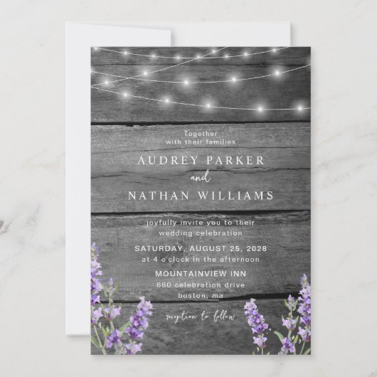 Rustikaler String Lights Lavendel mit Details Hoch Einladung (Vorderseite)