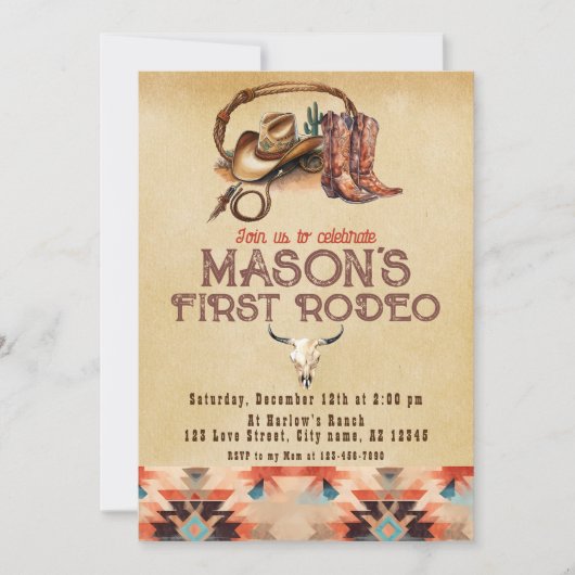 Rustikaler Südwestcowboy Mein erster Rodeo Geburts Einladung (Vorderseite)