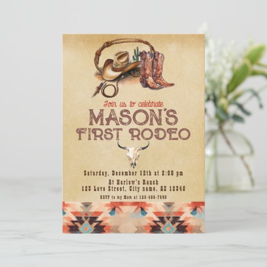 Rustikaler Südwestcowboy Mein erster Rodeo Geburts Einladung (Stehend Vorderseite)