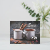 Rustikaler Teebecher und heißer Schokolade in Lieb Postkarte (Stehend Vorderseite)