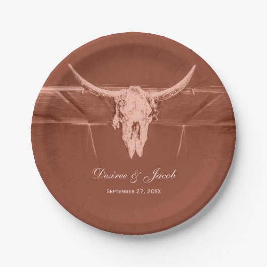 Rustikaler Terracotta Western Kuh Skull Pappteller (Vorderseite)