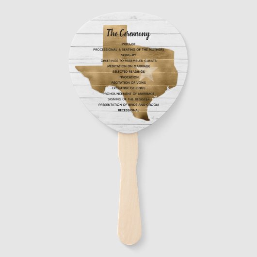 Rustikaler Texas-Hochzeits-Programm-Fächer in Gold Fächer (Vorderseite)