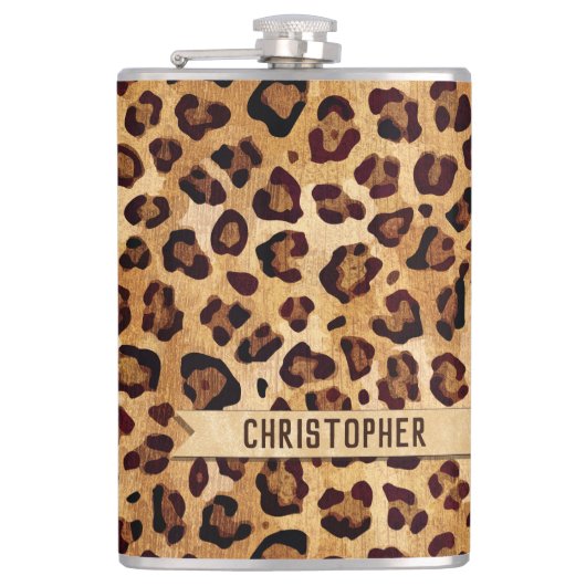 Rustikaler Textil-Leopard-Druckername Flachmann (Vorderseite)