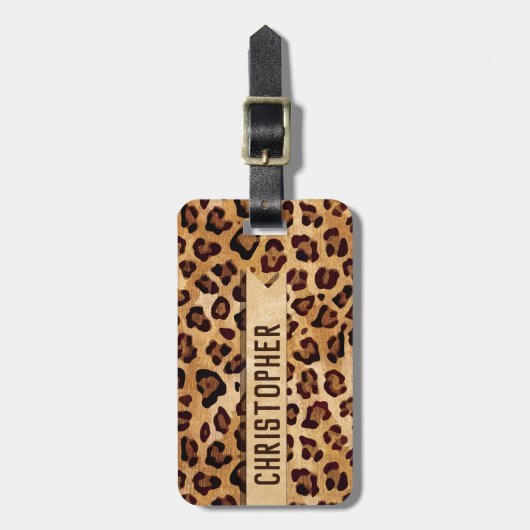 Rustikaler Textil-Leopard-Druckername Gepäckanhänger (Vorderseite vertikal)