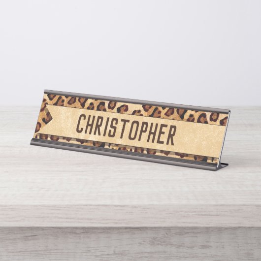 Rustikaler Textil-Leopard-Druckername Schreibtischnamensplakette (Vorderseite )