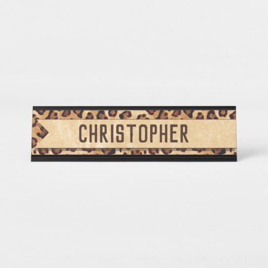 Rustikaler Textil-Leopard-Druckername Schreibtischnamensplakette (Vorderseite )