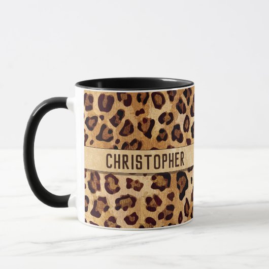 Rustikaler Textil-Leopard-Druckername Tasse (Links)
