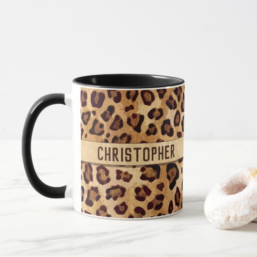 Rustikaler Textil-Leopard-Druckername Tasse (Mit Donut)