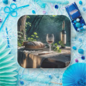 Rustikaler Tisch mit Wein in einem Wald Pappteller (Party)