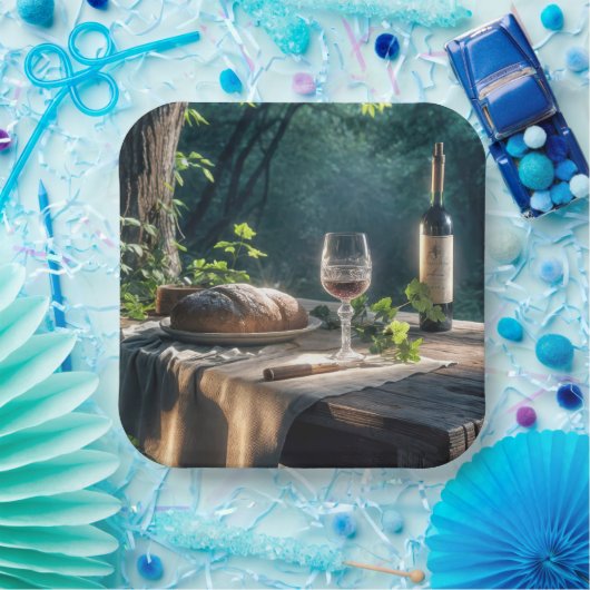 Rustikaler Tisch mit Wein in einem Wald Pappteller (Party)