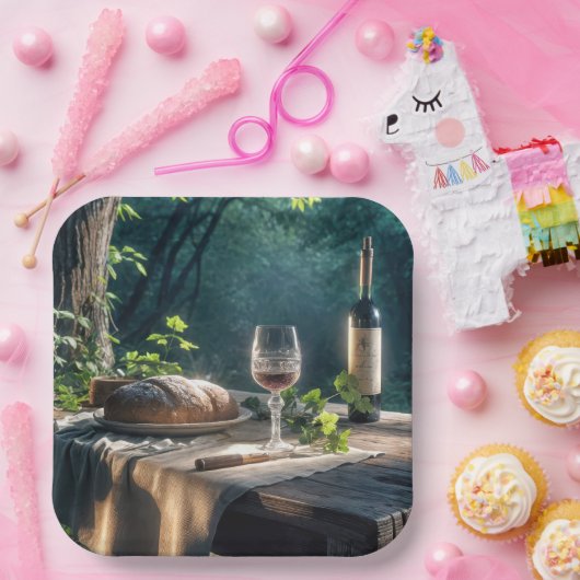 Rustikaler Tisch mit Wein in einem Wald Pappteller (Party)