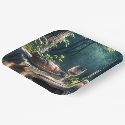 Rustikaler Tisch mit Wein in einem Wald Pappteller (Gewinkelt)