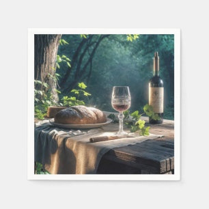 Rustikaler Tisch mit Wein in einem Wald Serviette