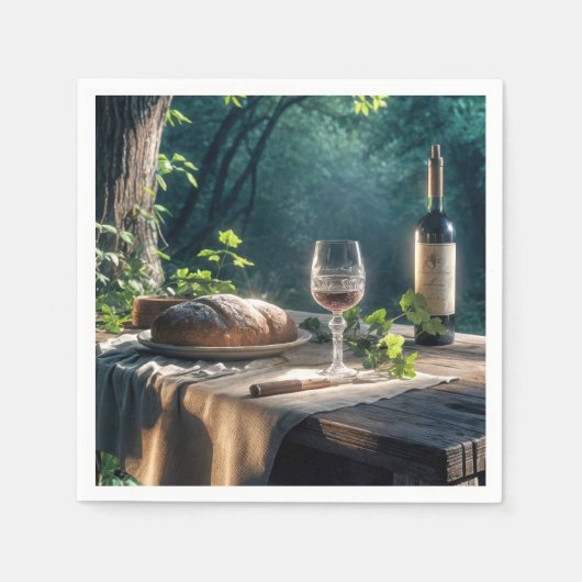 Rustikaler Tisch mit Wein in einem Wald Serviette (Vorderseite)