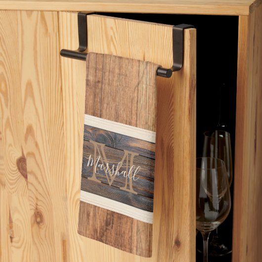 Rustikaler Ton mit Monogramm, horizontaler Streife Geschirrtuch (Drittel gefaltet)