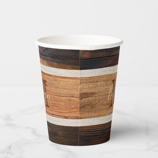 Rustikaler Ton-Monogramm-Streifen Pappbecher (Rechts)