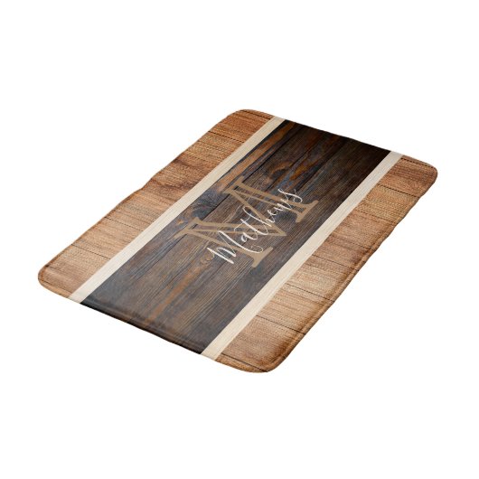 Rustikaler Ton-Streifen Monogram Tan Badematte (Schrägansicht)