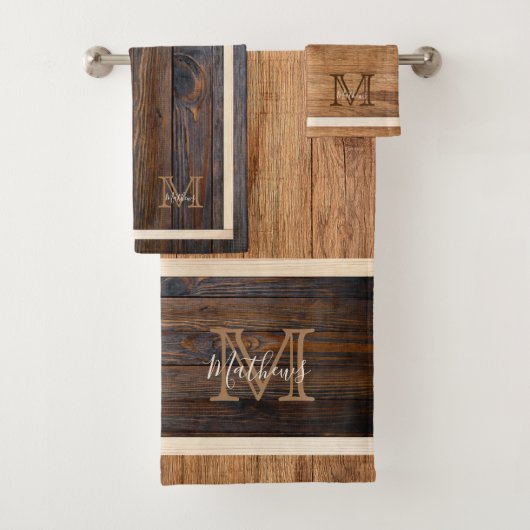 Rustikaler Tone Streifen Monogram Tan Br Badhandtuch Set (Insitu)