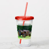 Rustikaler Traktorcup mit Lid und Stroh Acryltrinkbecher (Rückseite)