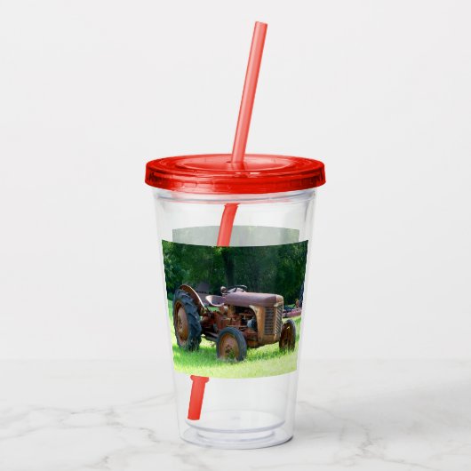 Rustikaler Traktorcup mit Lid und Stroh Acryltrinkbecher (Rückseite)