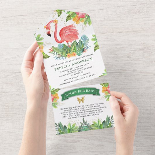 Rustikaler Tropischer Dschungel Niedlich Flamingo All In One Einladung (Abreißen)