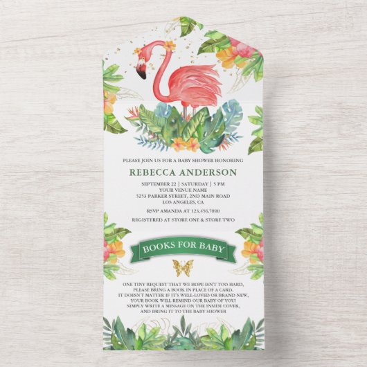 Rustikaler Tropischer Dschungel Niedlich Flamingo All In One Einladung (Innen Boden)