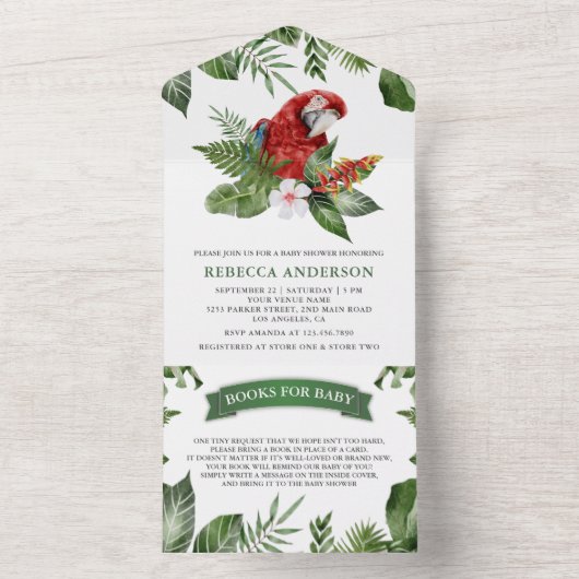 Rustikaler Tropischer Dschungel Niedlich Macaw Bab All In One Einladung (Innen Boden)