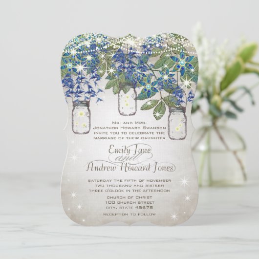 Rustikaler und romantischer Mason Jar unter den St Einladung (Stehend Vorderseite)