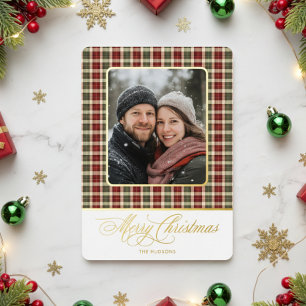 Rustikaler Urlaub Kariertes Foto Frohe Weihnachtsr Folien Feiertagskarte