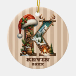 Rustikaler Urlaubsbrief K mit Vintager Winterlands Keramik Ornament