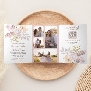 Rustikaler Verstaubter Rosenblüten-Hochzeit QR-Cod Dreifach Gefaltete Einladung