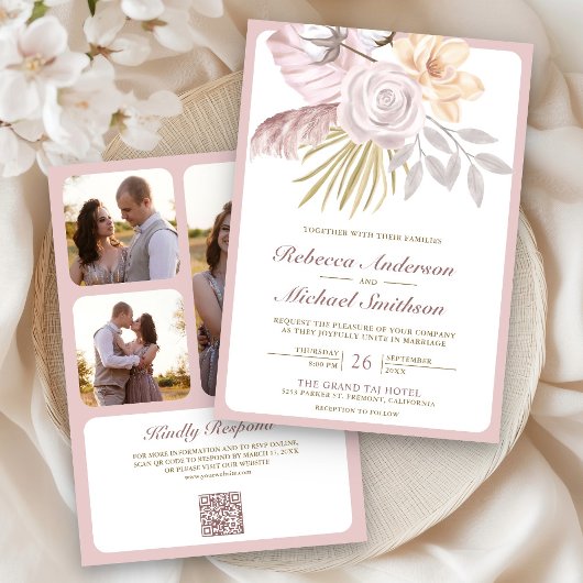 Rustikaler Verstaubter Rosenblüten-Hochzeit QR-Cod Einladung