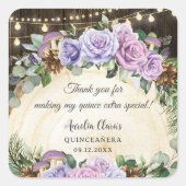 Rustikaler verzauberter Wald Lila Blüte Quinceañer Quadratischer Aufkleber (Vorderseite)